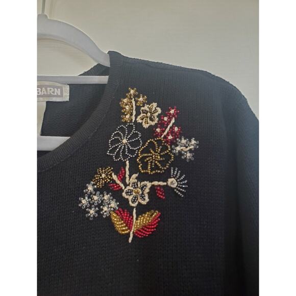 Dress Barn Black Beaded Floral Bouquets Boxy Holiday Cardigan Sweater Size Large - Picture 4 of 13